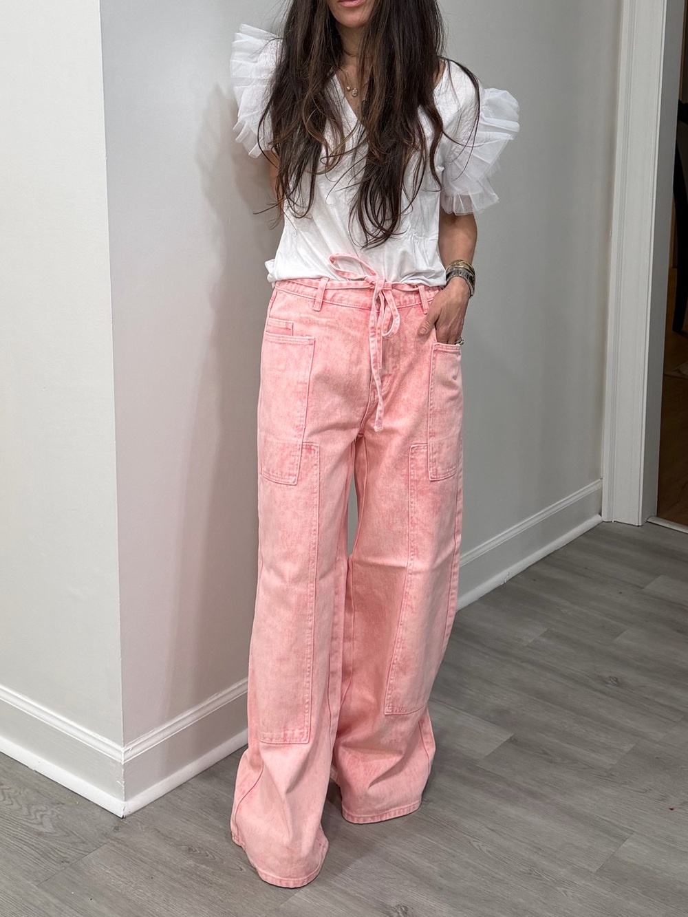 ShopEvelynne Pink Wide-Leg Utility Jeans